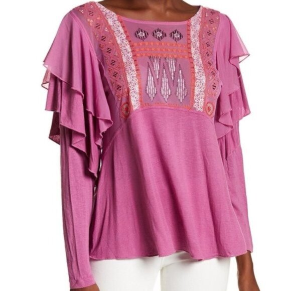 Free People Womens Purple Long Flutter Sleeve Embroidered Top Sz M New - Picture 6 of 11